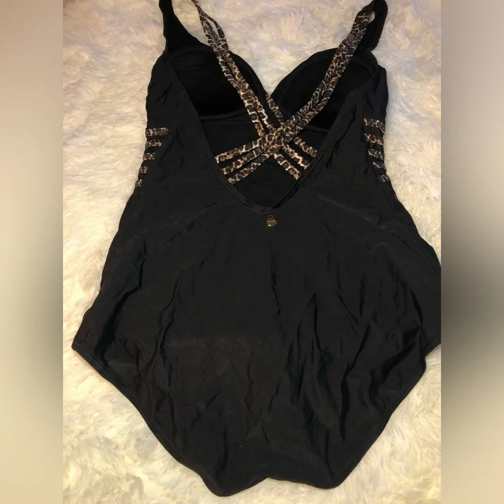 Black One-Piece Swimsuit with Patterned Straps